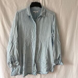 Foxcroft NYC Chambray Denim Hidden Button Front Shirt Pockets Longer Length 14